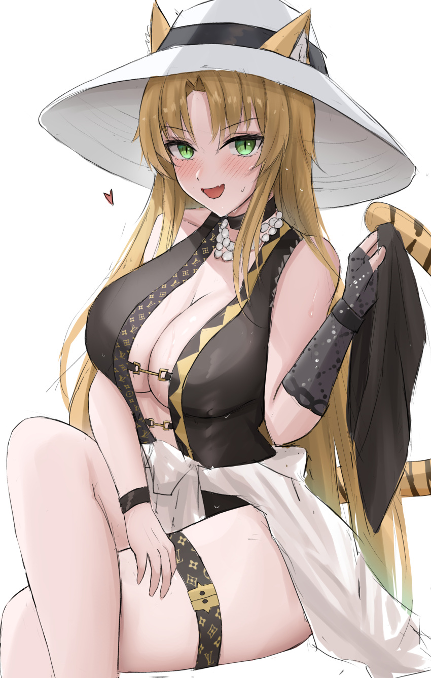 :d absurdres animal_ears arknights black_one-piece_swimsuit blonde_hair blush breasts center_opening cleavage clothes_around_waist crossed_legs ears_through_headwear female green_eyes hat highres holding holding_clothes holding_shorts invisible_chair large_breasts long_hair namikare oerba_yun_fang official_alternate_costume one-piece_swimsuit open_mouth shirt shirt_around_waist shorts simple_background sitting skin_fang smile solo swimsuit swire_(arknights) tail tiger_ears tiger_girl tiger_tail unworn_shorts very_long_hair white_background white_hat