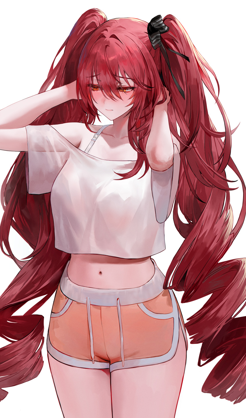 absurdres black_ribbon blush breasts buruma closed_mouth crop_top cropped_shirt drill_hair female highres ignis_(path_to_nowhere) long_hair medium_breasts midriff muaooooo navel path_to_nowhere red_hair ribbon shirt solo twin_drills twintails very_long_hair white_background white_shirt yellow_buruma yellow_eyes