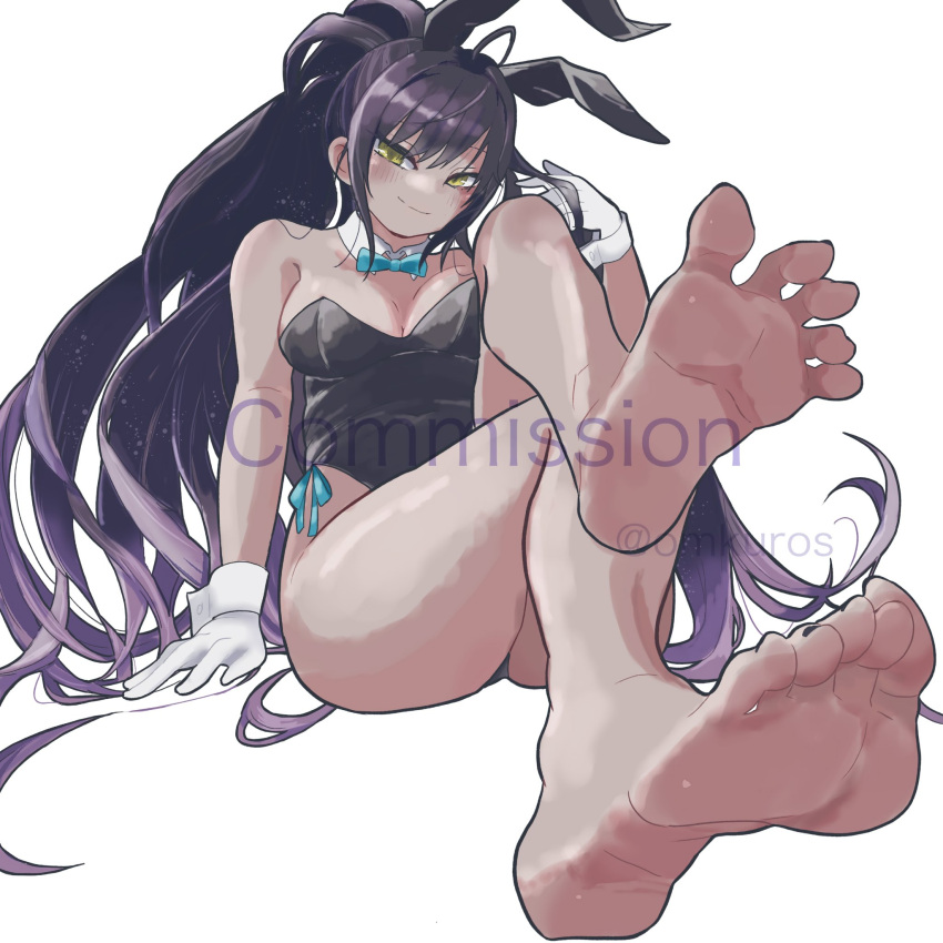 ahoge animal_ears bare_legs bare_shoulders barefoot black_leotard black_nails blue_archive blush breasts closed_mouth commentary_request commission dark-skinned_female dark_skin fake_animal_ears feet female foot_focus foot_up foreshortening full_body gloves gradient_hair highleg highleg_leotard highres karin_(blue_archive) karin_(bunny)_(blue_archive) knees_up large_breasts legs leotard long_hair looking_at_viewer multicolored_hair nail_polish no_shoes official_alternate_costume omkuros playboy_bunny purple_hair simple_background skeb_commission smile soles solo spread_toes strapless strapless_leotard thighs toenail_polish toenails toes twitter_username variant_set very_long_hair watermark white_background white_gloves yellow_eyes