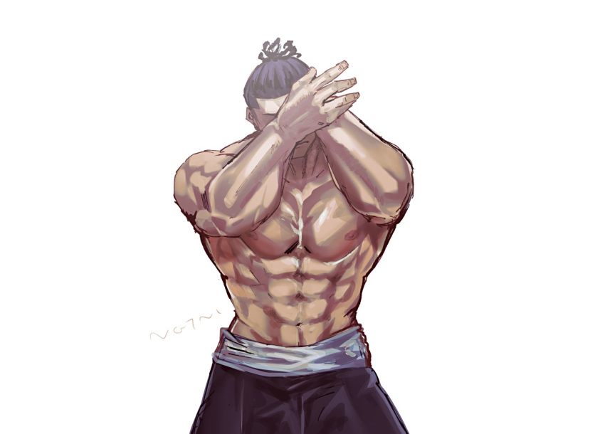 1boy abs amputee bara black_hair covering_face cowboy_shot hands_up jujutsu_kaisen large_pectorals male_focus muscular muscular_male navel nipples nonono_nagata pectorals scar scar_across_eye short_hair sideburns solo spoilers topless_male toudou_aoi_(jujutsu_kaisen) v-taper