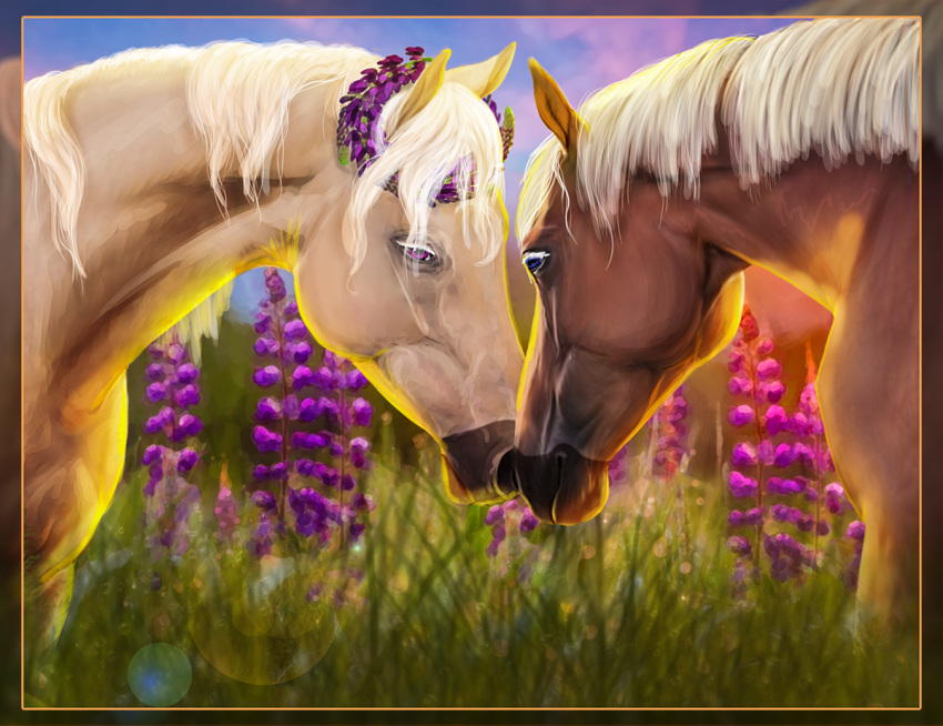 accessory amber18db ambiguous/ambiguous ambiguous_gender blue_eyes dolehest duo equid equine eye_contact female_(lore) feral field flower flower_in_hair hair hair_accessory horse icelandic_horse looking_at_another male_(lore) mammal mary_(bloopertrooper) maxym_(bloopertrooper) plant purple_eyes purple_flower sunset