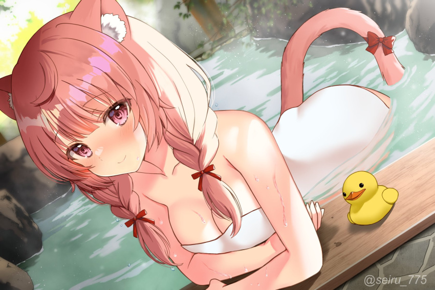 ahoge animal_ear_fluff animal_ears bare_arms bare_shoulders bathing blush bow braid breasts cat_ears cat_girl cat_tail cleavage closed_mouth collarbone commentary_request commission dutch_angle eyes_visible_through_hair female hair_ribbon highres indie_virtual_youtuber izumiya_konomi leaning light_particles long_hair looking_at_viewer medium_breasts naked_towel nose_blush onsen partially_submerged pink_eyes pink_hair pink_tail red_bow red_ribbon ribbon rubber_duck seiru_(prairie) skeb_commission smile solo tail tail_bow tail_ornament towel twin_braids twintails twitter_username virtual_youtuber water water_drop wet