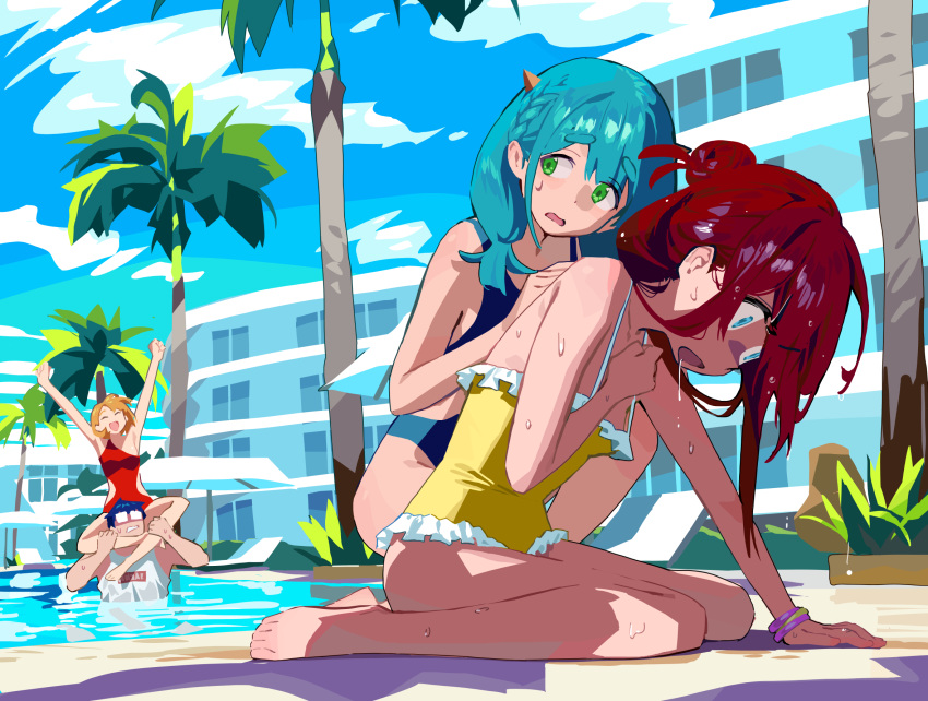 1boy 3girls aqua_hair arm_support arms_up barefoot blue_eyes blue_hair blue_one-piece_swimsuit braid breasts brown_hair carrying chaucer_(some1else45) check_commentary closed_eyes cloud collarbone commentary_request coughing eyelashes feet frilled_one-piece_swimsuit frills full_body green_eyes hand_up highres hipa_(some1else45) horns legs long_hair looking_back looking_down medium_breasts medium_hair multiple_girls nahia_(some1else45) one-piece_swimsuit open_mouth original outdoors palm_tree partially_submerged poolside red_hair red_one-piece_swimsuit sekoshi_(some1else45) shirt shoulder_carry sidelocks sitting small_breasts some1else45 sweatdrop swimsuit thick_eyebrows toes tree twintails wariza water white_shirt yellow_one-piece_swimsuit