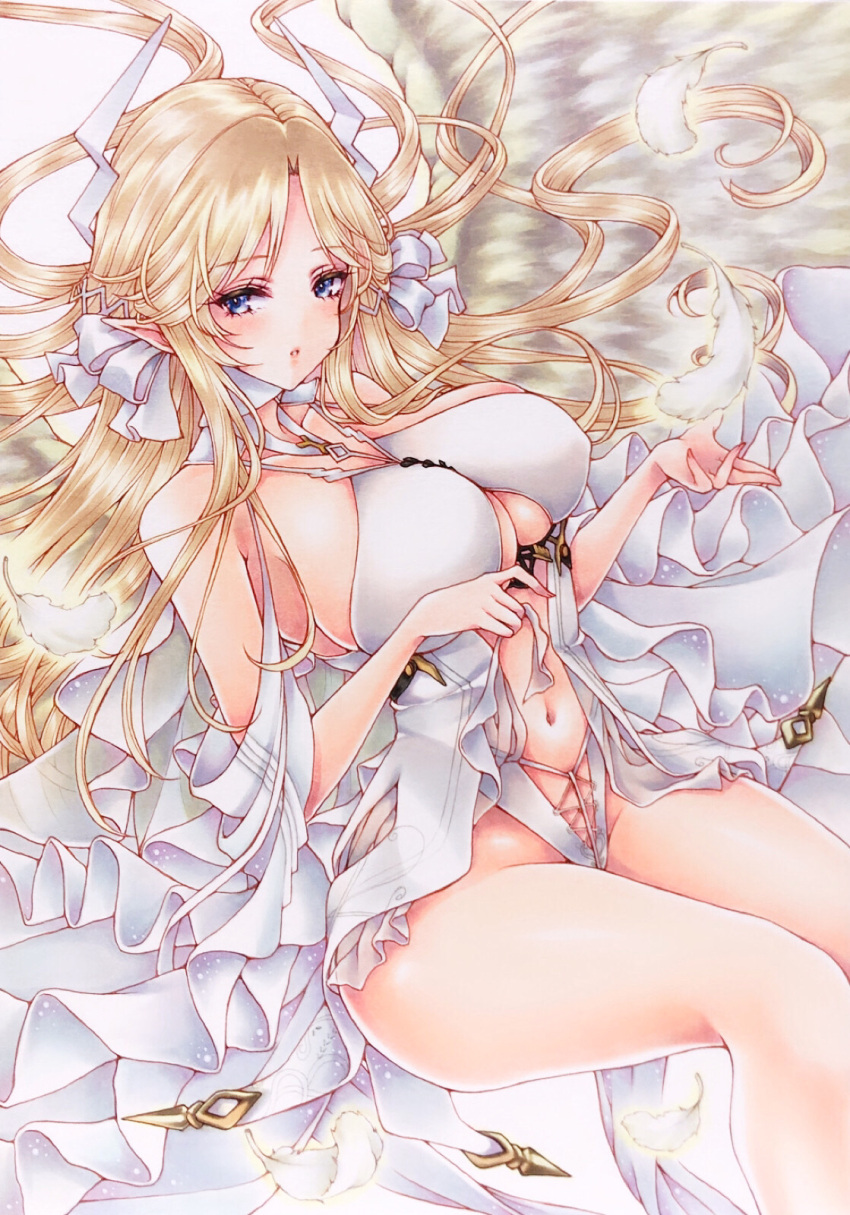 azur_lane bare_shoulders blonde_hair blue_eyes breasts brest_(azur_lane) covered_nipples dress feathered_wings feet_out_of_frame female highres large_breasts large_wings long_hair looking_at_viewer marker_(medium) mktr_(princess_mktr) navel panties revealing_clothes sharp_teeth solo teeth traditional_media underboob underwear very_long_hair white_dress white_panties wings