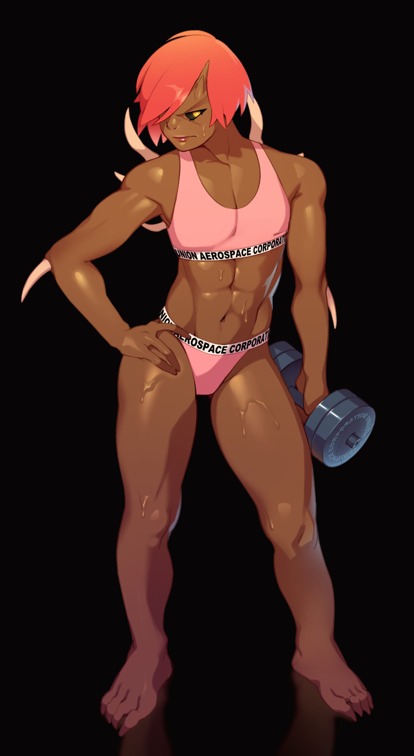 1girls barefoot black_sclera combos-n-doodles dark-skinned_female dark_skin demon demon_girl doom dumbbell female female_only fit fit_female flat_chest full_body hdoom hi_res imp-tan imp_(doom) looking_at_viewer medium_hair red_hair solo solo_female sportswear yellow_eyes