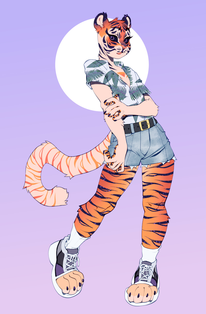 absurd_res ambiguous_gender anthro biped black_sclera bottomwear clothing digital_media_(artwork) felid footwear fur furgonomics hi_res looking_at_viewer mammal open_mouth pantherine shirt shoes shorts simple_background sneakers socks solo standing takiminada tiger topwear