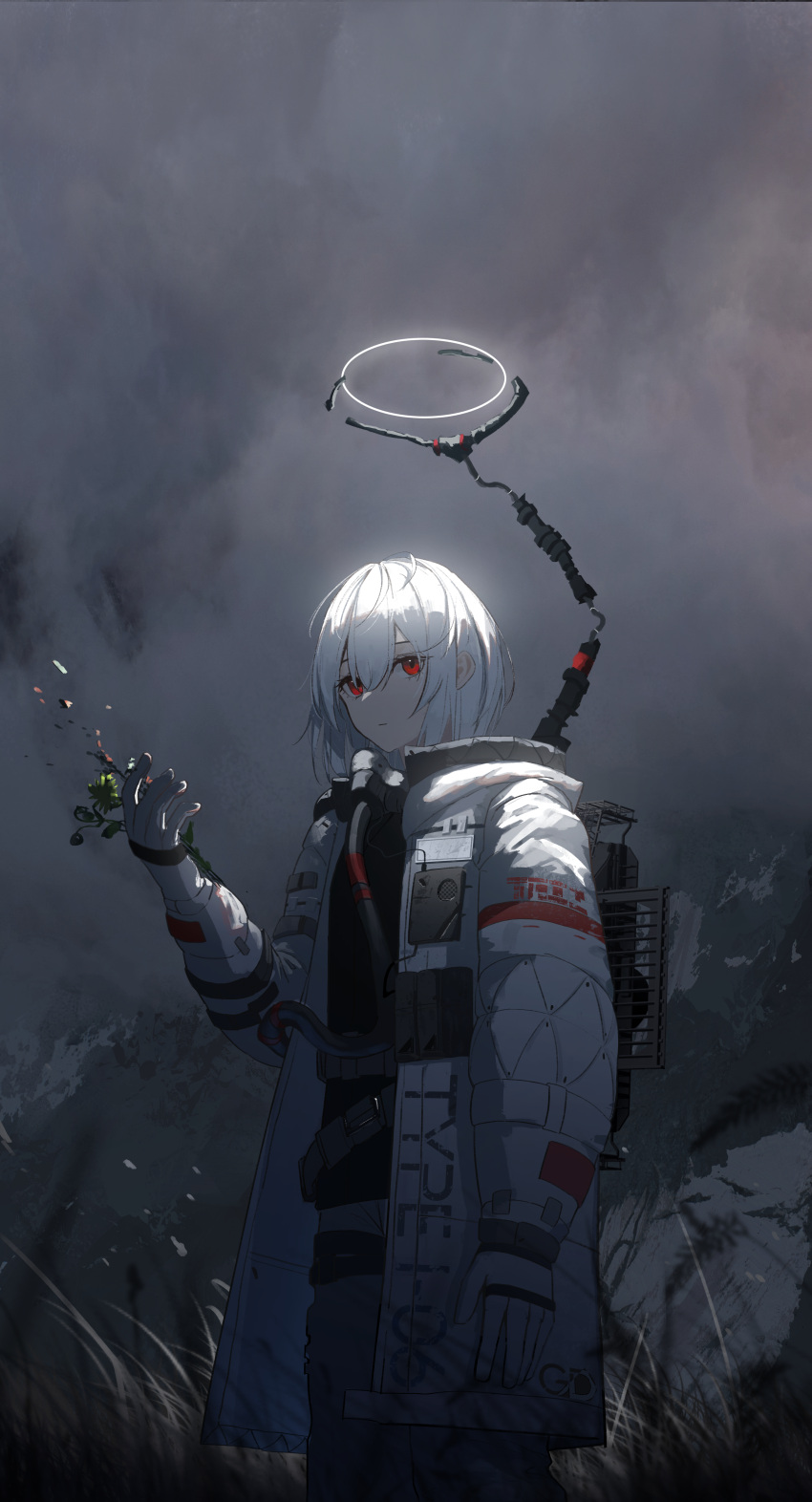 absurdres asteroid_ill cloud cloudy_sky coat commentary dark feet_out_of_frame female flower gloves halo highres holding holding_flower light observer_(asteroid_ill) open_clothes open_coat original red_eyes sky solo standing white_coat white_gloves white_hair wilted_flower wind