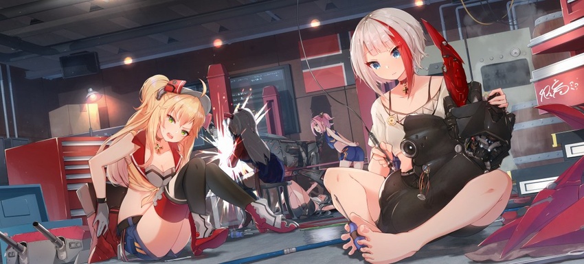 5girls admiral_graf_spee_(azur_lane) admiral_hipper_(azur_lane) alternate_costume azur_lane barefoot bike_shorts blonde_hair breasts cannon cleavage collar commentary_request cross feet flag hat hato_haru iron_cross long_hair machinery multiple_girls prinz_eugen_(azur_lane) screwdriver shorts simulated_footjob sitting sparks u-47_(azur_lane) u-81_(azur_lane)