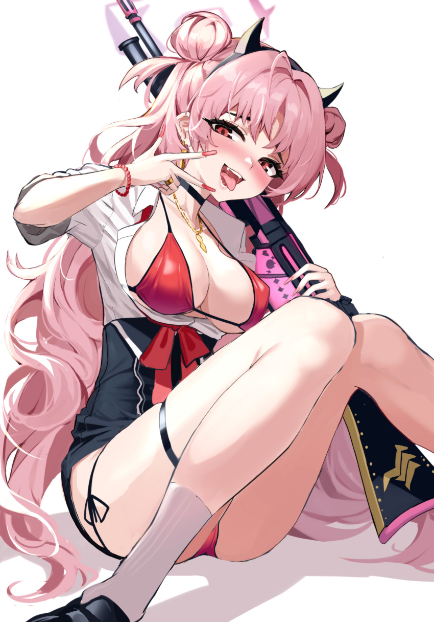 absurdres assault_rifle bead_bracelet beads bikini black_skirt blue_archive blush bracelet breasts double_bun earrings female gun h&k_hk33 hair_bun highres holding holding_gun holding_weapon jewelry kirara_(blue_archive) knees_up large_breasts long_hair looking_at_viewer nail_polish necklace open_mouth pink_hair red_bikini red_eyes red_nails rifle ring shirt shirt_tucked_in simple_background sitting skirt socks solo stone_(ksorede) swimsuit thigh_strap very_long_fingernails very_long_hair w weapon white_background white_shirt white_socks