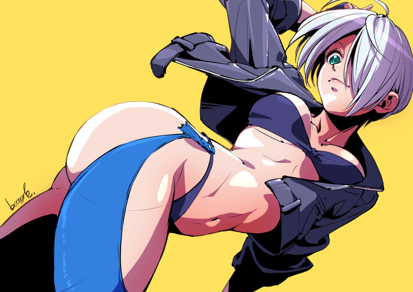 absurdres angel_(kof) arm_behind_head arm_up bra breasts chaps cleavage collarbone cropped_jacket dutch_angle female fingerless_gloves from_below gloves green_eyes hair_over_one_eye highres jacket large_breasts leather leather_jacket looking_at_viewer looking_down navel panties perspective smile snk solo standing stomach strapless strapless_bra strikebeagle the_king_of_fighters the_king_of_fighters_xiv toned underwear