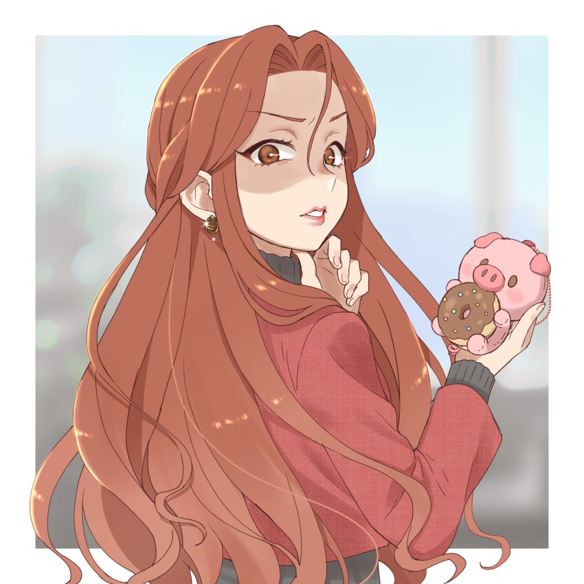 annoyed bag_charm black_sweater blurry blurry_background border brown_eyes brown_hair charm_(object) chocolate_doughnut depth_of_field doughnut earrings female floating_hair food forehead hair_intakes half_updo highres hoop_earrings idolmaster idolmaster_cinderella_girls jacket jewelry lipstick long_hair looking_at_viewer looking_back makeup open_mouth outdoors outside_border parted_lips red_jacket red_lips ribbed_sweater rn10r shaded_face solo sparkle stuffed_animal stuffed_pig stuffed_toy sweater turtleneck turtleneck_sweater uneven_eyes upper_body v-shaped_eyebrows white_border zaizen_tokiko