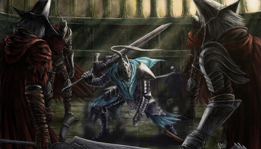 5boys abyss_watcher armor artorias_the_abysswalker bandaged_arm bandages battle boots cape chainmail dagger dark_souls_(series) dark_souls_i dark_souls_iii dual_wielding gauntlets helmet holding holding_dagger holding_knife holding_sword holding_weapon indoors knee_pads knife mmm_(mikito) multiple_boys pauldrons photoshop_(medium) red_cape shadow shoulder_armor sword torn_cape torn_clothes vambraces weapon white_hair