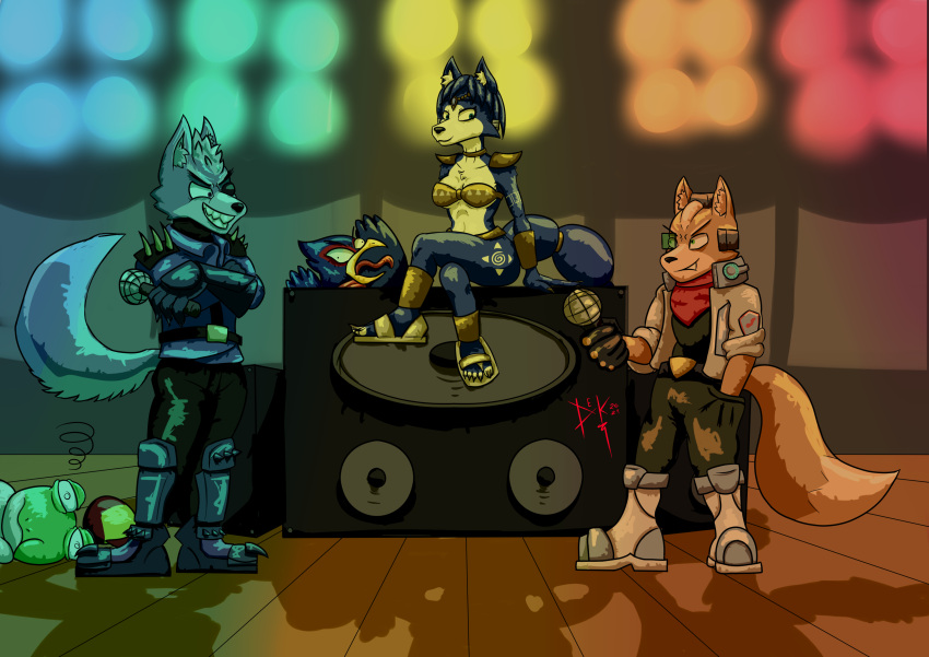 absurd_res amphibian anthro avian bird canid canine canis destruteka electronics falco_lombardi female fox fox_mccloud friday_night_funkin' frog group hi_res krystal_(star_fox) male mammal microphone nintendo slippy_toad speaker star_fox wolf wolf_o'donnell