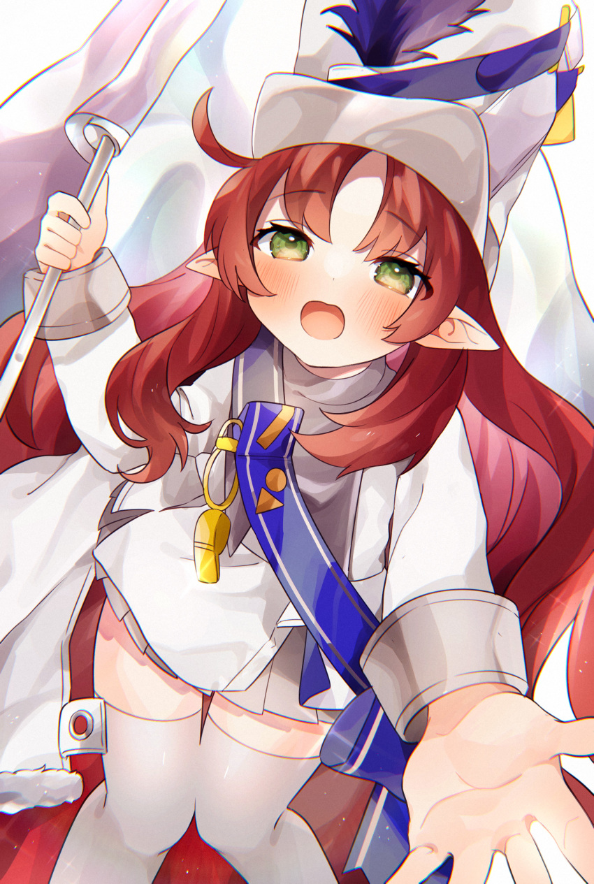 absurdres arknights blue_sash cape drum_major female flag green_eyes hat highres holding holding_flag long_hair looking_at_viewer myrtle_(arknights) myrtle_(light_gold_celebration)_(arknights) official_alternate_costume open_mouth pointy_ears red_hair sash shako_cap skirt smile solo takumi_mizuki thighhighs white_cape white_flag white_hat white_skirt white_thighhighs