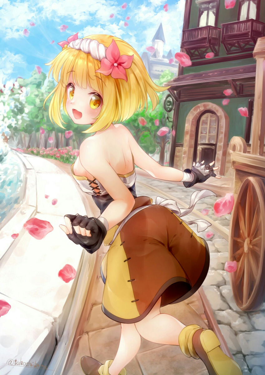 :d back bare_shoulders black_gloves blonde_hair blush bob_cut breasts clothing_cutout endro! fai_fai female fingerless_gloves flower from_behind full_body gloves hachimaki hair_flower hair_ornament hairband headband highres looking_at_viewer looking_back medium_breasts open_mouth running sash short_hair shorts side_cutout smile solo spiked_gloves strapless tokoshibyra yellow_eyes