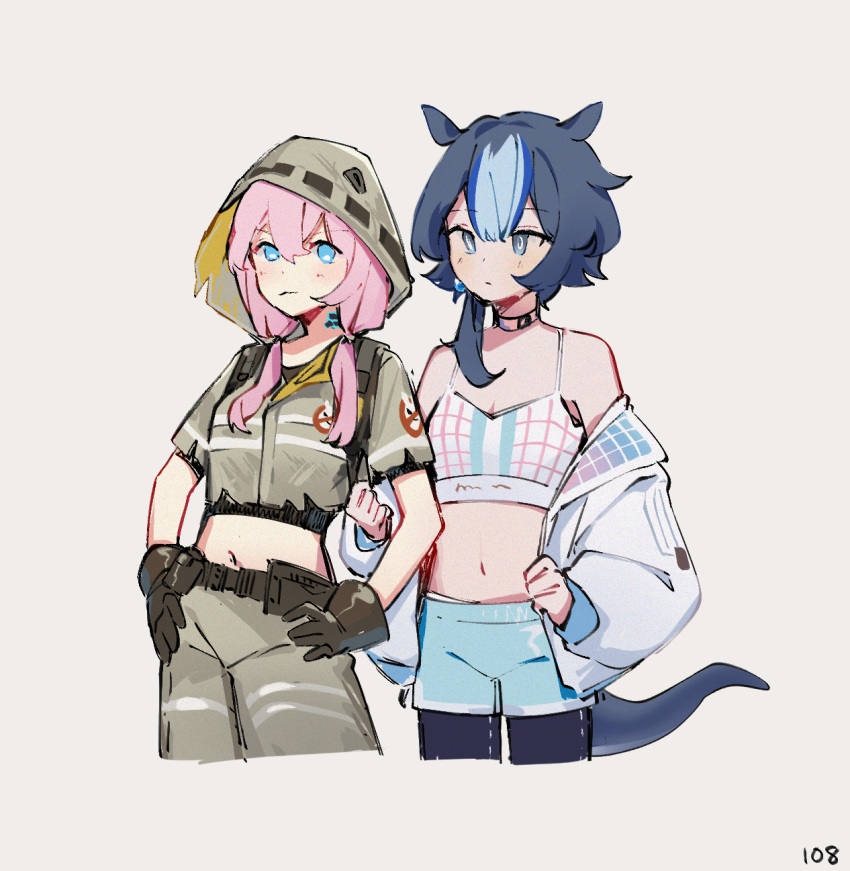 2girls arknights blue_eyes blue_hair blue_poison_(arknights) blue_poison_(arknights)_(cosplay) blue_poison_(shoal_beat)_(arknights) blue_shorts brown_gloves choker cosplay costume_switch detached_hood glaucus_(arknights) glaucus_(arknights)_(cosplay) glaucus_(exterminator_in_the_square)_(arknights) gloves grey_background hair_between_eyes highres hood hood_up jacket leggings leggings_under_shorts long_hair long_sleeves low_twintails midriff multicolored_hair multiple_girls navel o-ring o-ring_choker off_shoulder official_alternate_costume open_clothes open_jacket pink_choker pink_hair ruri_(dailybloopy) shorts simple_background slug_girl spaghetti_strap sports_bra streaked_hair twintails white_jacket white_sports_bra