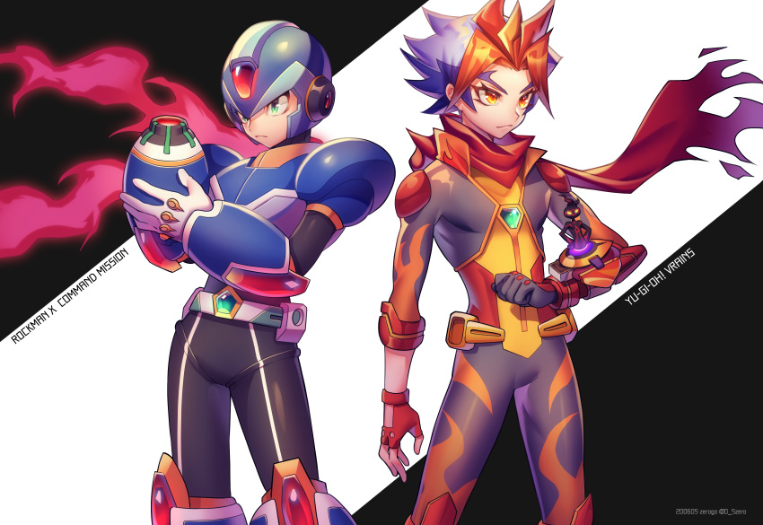 2boys absurdres android arm_at_side arm_cannon armor artist_name asymmetrical_gloves belt black_background black_gloves black_skin blue_helmet bodysuit clenched_hand closed_mouth colored_skin copyright_name cowboy_shot crossover dated fingerless_gloves flame_(yu-gi-oh!_vrains) flame_print forehead_jewel gloves green_eyes grey_bodysuit hand_on_own_arm helmet highres homura_takeru looking_to_the_side male_focus mega_man_(series) mega_man_x:_command_mission mega_man_x_(series) mismatched_gloves multicolored_hair multiple_boys new_armor_x_(mega_man) red_gloves red_scarf scarf serious short_hair shoulder_pads soulburner spiked_hair standing torn_clothes torn_scarf twitter_username two-tone_background weapon white_background white_gloves x_(mega_man) yellow_eyes yu-gi-oh! yu-gi-oh!_vrains zero-go