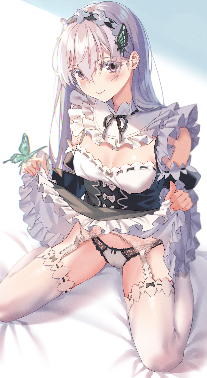 absurdres bad_id bad_pixiv_id bare_shoulders black_dress black_ribbon blush bow breasts bug butterfly butterfly_hair_ornament butterfly_on_hand cameltoe cleavage closed_mouth clothes_lift colored_eyelashes commentary_request cosplay detached_collar detached_sleeves dress dress_lift echidna_(re:zero) female garter_belt hair_between_eyes hair_ornament hairband highres lolita_hairband long_hair long_sleeves maid medium_breasts naruse_(0819) neck_ribbon panties purple_eyes re:zero_kara_hajimeru_isekai_seikatsu rem_(re:zero) rem_(re:zero)_(cosplay) ribbon ribbon-trimmed_dress ribbon-trimmed_legwear ribbon_trim roswaal_mansion_maid_uniform sitting skirt skirt_lift smile solo thighhighs underbust underwear very_long_hair wariza white_bow white_dress white_hair white_panties white_thighhighs