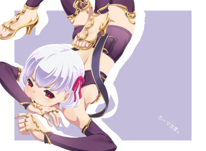 arched_back armlet armor back bare_shoulders bikini_armor blush bracelet breasts crop_top detached_sleeves fate/grand_order fate_(series) feet female grey_background hair_ribbon high_heels jewelry kama_(fate) legs legs_up looking_at_viewer miniskirt mukai purple_skirt purple_sleeves purple_thighhighs red_eyes ribbon ring short_hair skirt small_breasts solo thighhighs thighlet toes translation_request white_hair