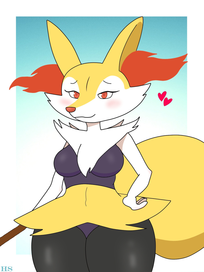 2019 3:4 anthro athletic_wear big_ears big_tail braixen breasts canid canine clothed clothing eyebrows eyelashes female fur generation_6_pokemon half-closed_eyes hand_on_leg hand_on_thigh heart_symbol hi_res hoodie_stalker inner_ear_fluff looking_at_viewer mammal multicolored_body multicolored_fur narrowed_eyes nintendo pokemon pokemon_(species) pokemorph red_eyes simple_background smile solo standing stick tail thick_thighs tuft wide_hips yellow_body yellow_fur