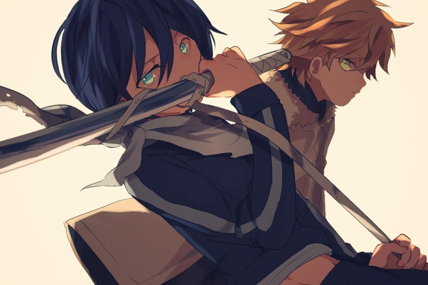 2boys bad_id bad_pixiv_id black_hair black_jacket black_pants blonde_hair fur_trim jacket kurihara looking_at_viewer midriff_peek multiple_boys noragami pants scarf sword track_jacket track_suit weapon white_background yato_(noragami) yellow_eyes yukine_(noragami)