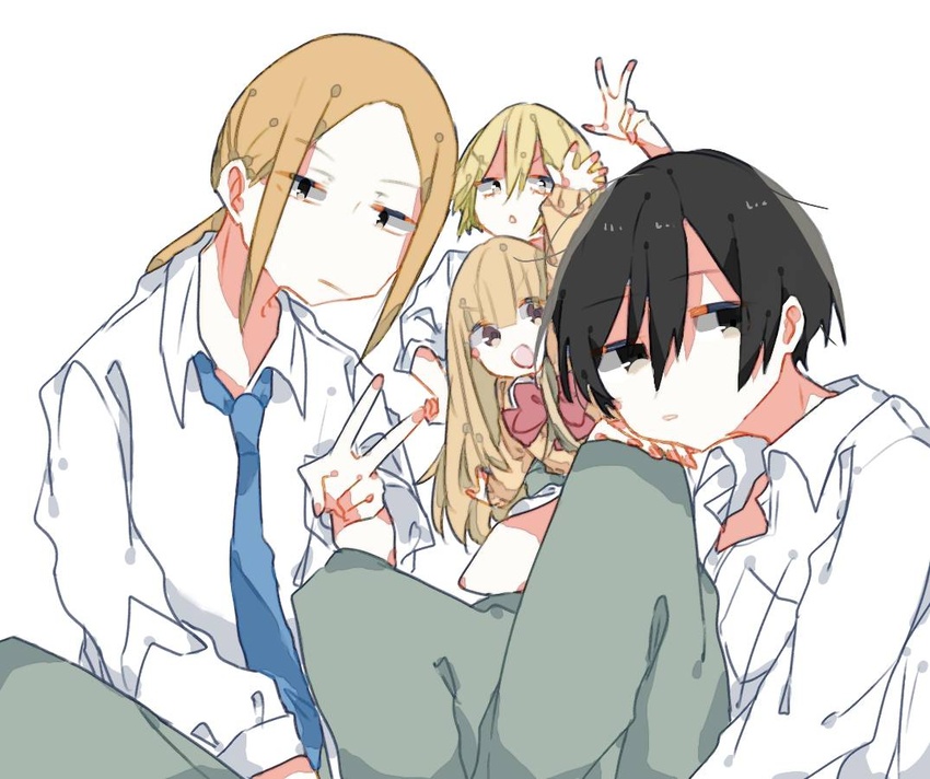 2boys 2girls :d :o bad_id bad_pixiv_id black_hair blonde_hair blue_necktie bow brown_hair chestnut_mouth echizen_(tanakeda) grey_pants hair_between_eyes hand_on_own_knee hand_up long_hair miyano_(tanakeda) multiple_boys multiple_girls necktie nishiki1225 oota_(tanakeda) open_mouth pale_skin pants pose red_bow school_uniform shirt simple_background sitting smile tanaka-kun_wa_itsumo_kedaruge tanaka_(tanakeda) v white_background white_shirt