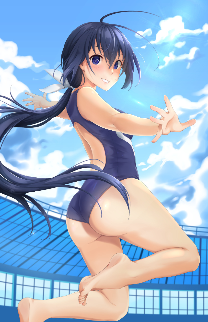 absurdres antenna_hair ass barefoot black_eyes black_hair black_one-piece_swimsuit blue_sky cloud commentary commission competition_swimsuit day english_commentary feet_out_of_frame female from_behind grin highres jumping kaminashi_nozomi keijo!!!!!!!! lips long_hair one-piece_swimsuit outstretched_arms sky smile solo stadium swimsuit tiri