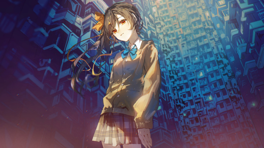 absurdres aqua_bow aqua_bowtie bow bowtie brown_hair building collared_shirt female hair_ribbon hairbow highres karanagare long_sleeves looking_at_viewer nagase_yuka parted_lips plaid plaid_skirt pleated_skirt ribbon riot_music shirt skirt solo sweater virtual_youtuber white_shirt yellow_eyes yellow_ribbon yellow_sweater