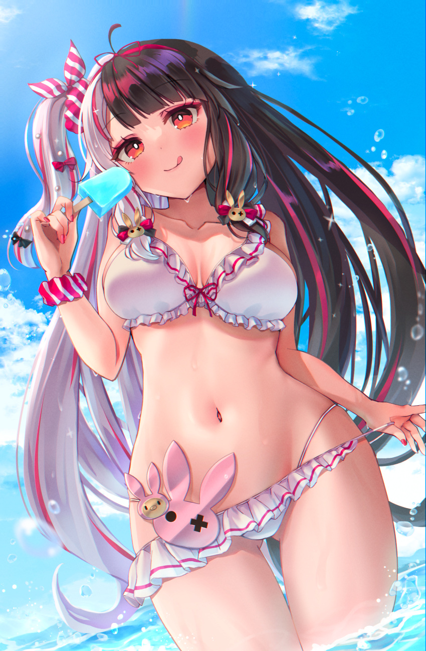 absurdres bikini black_hair blunt_bangs blush breasts cleavage collarbone day female food gari_gari-kun grey_hair highres holding holding_food holding_popsicle large_breasts long_hair multicolored_hair navel nijisanji ocean outdoors pink_hair pink_nails popsicle red_eyes reityana smile solo streaked_hair swimsuit tongue tongue_out very_long_hair virtual_youtuber water white_bikini yorumi_rena yorumi_rena_(7th_costume)