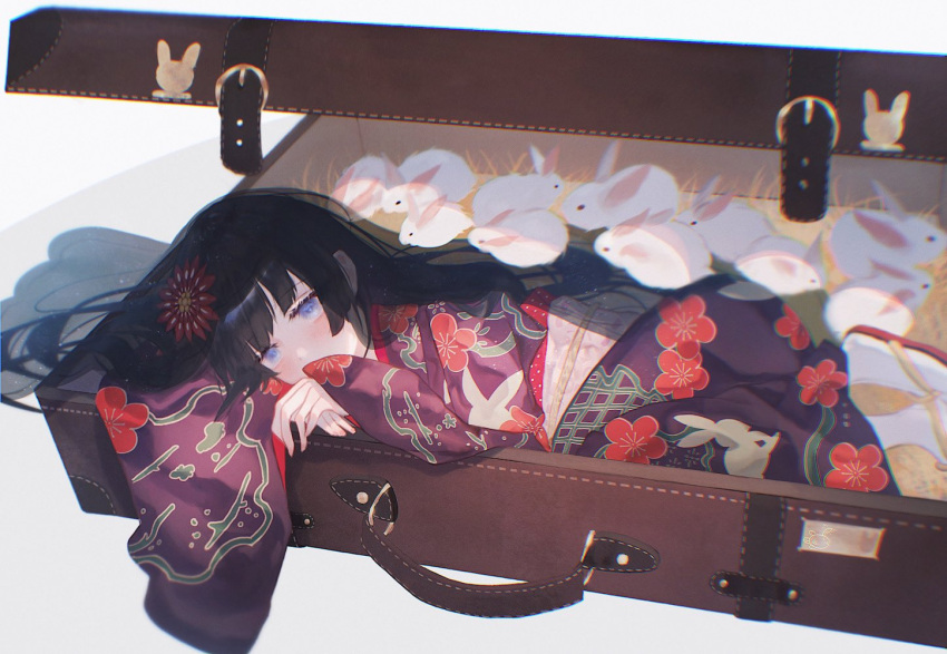 animal_print ankodesoy black_hair blue_eyes blush commentary female floral_print flower hair_flower hair_ornament japanese_clothes kimono long_hair lying nijisanji obi on_side print_kimono rabbit rabbit_print red_flower sandals sash socks suitcase tabi tsukino_mito tsukino_mito_(12th_costume) virtual_youtuber wide_sleeves zouri