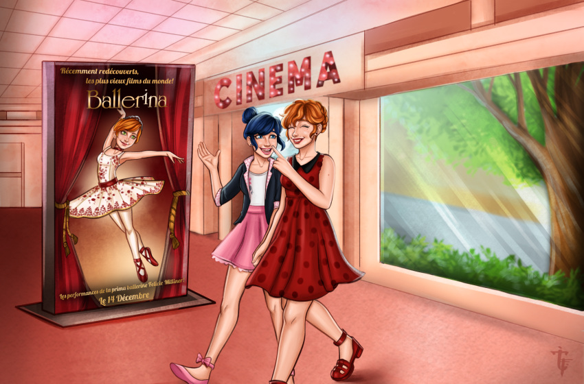 aerodynamict artist_logo ballerina ballerina(film) ballet_slippers blue_eyes blue_hair braid bug closed_eyes commission commissioner_upload dress earrings felicie_milliner french_text frilled_skirt frills grass green_eyes hair_bun highres humanization insects jewelry ladybug lipstick makeup marinette_dupain-cheng miraculous_ladybug movie_poster movie_reference movie_theater peter_pan_collar polka_dot polka_dot_dress red_hair sandals shirt signature skirt smile t-shirt tikki_(miraculous_ladybug) tree window writing yuri