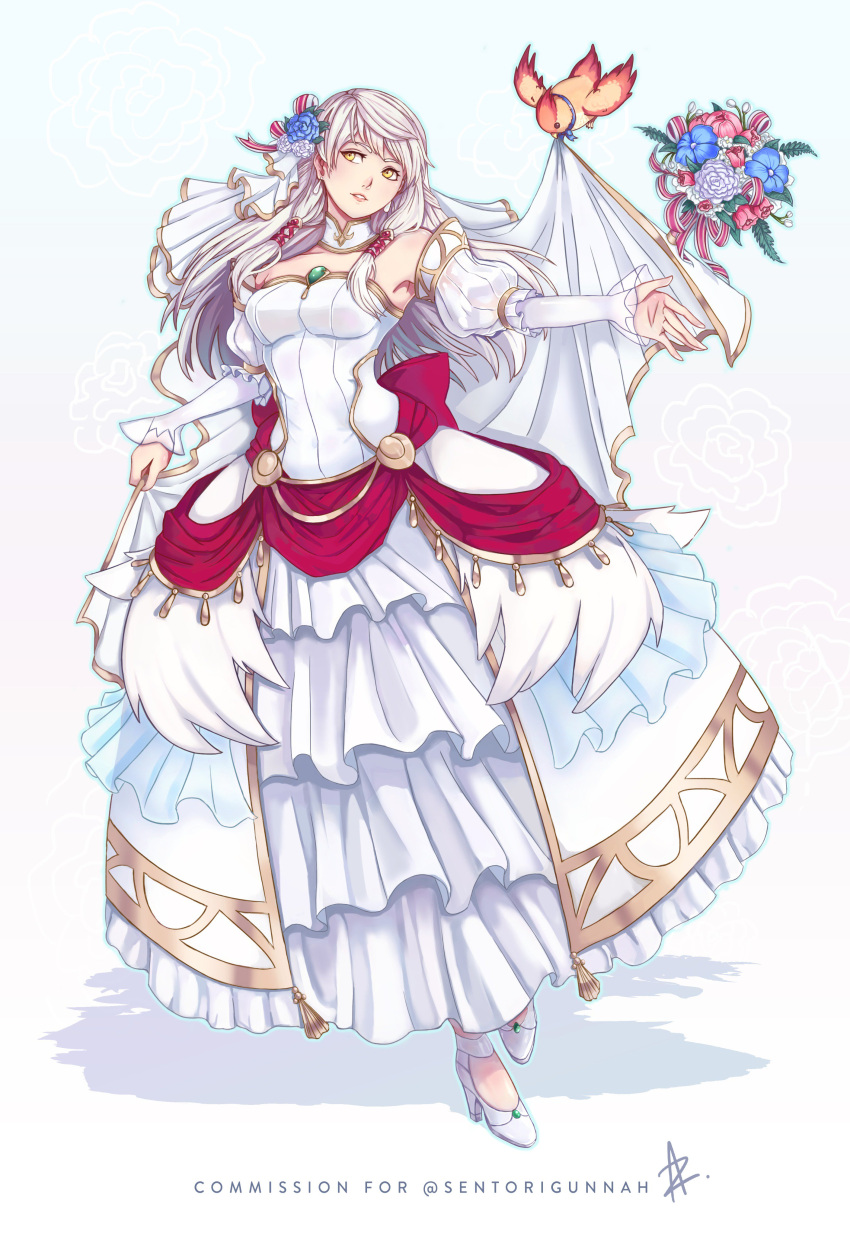 absurdres alternate_costume bird bouquet bow bride bride_(fire_emblem) caeda_(bridal)_(fire_emblem) caeda_(fire_emblem) caeda_(fire_emblem)_(cosplay) collarbone commission cosplay detached_collar dress english_commentary female fire_emblem fire_emblem:_radiant_dawn fire_emblem_heroes flower full_body hair_flower hair_ornament half_updo highres juliet_sleeves large_bow long_hair long_sleeves looking_to_the_side micaiah_(bridal)_(fire_emblem) micaiah_(fire_emblem) puffy_sleeves simple_background solo strapless strapless_dress veil wedding_dress white_background white_hair yellow_eyes yune_(fire_emblem) zedoraart