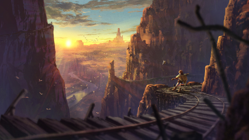 1boy bird brown_hair cloud cowboy_western den_dengaku gloves highres male_focus poncho puka_(wild_arms) railroad_tracks scenery short_hair sun tim_rhymeless water wild_arms wild_arms:_million_memories wild_arms_2