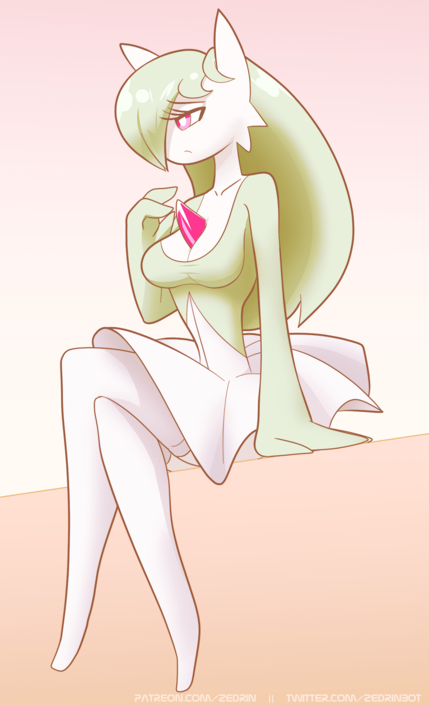 2019 breasts clothing female gardevoir generation_3_pokemon green_hair hair hi_res legwear marissa_(zedrin) nintendo not_furry pink_eyes pokemon pokemon_(species) simple_background sitting solo thigh_highs zedrin