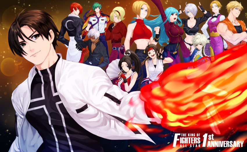 6+boys 6+girls angel_(kof) anniversary ash_crimson bad_id bad_twitter_id black_hair blue_mary brown_hair fatal_fury fingerless_gloves fire gloves green_hair jacket juu_satoshi k'_(kof) king_(snk) kula_diamond kusanagi_kyou meitenkun multiple_boys multiple_girls pyrokinesis red_hair ryou_sakazaki ryuuko_no_ken shiranui_mai shun'ei snk the_king_of_fighters turtleneck yagami_iori yuri_sakazaki