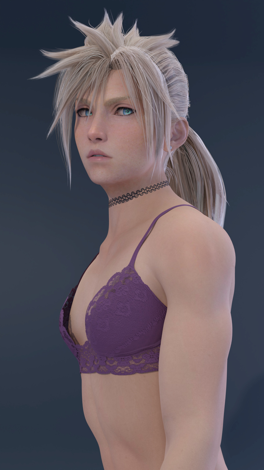 1boy 3d alternate_hairstyle blonde_hair blue_eyes bra choker cloud_strife crossdressing emberstock femboy final_fantasy final_fantasy_vii final_fantasy_vii_remake girly light-skinned_femboy light-skinned_male light_skin long_hair looking_at_viewer male male_only ponytail solo trap twink uncensored yaoi