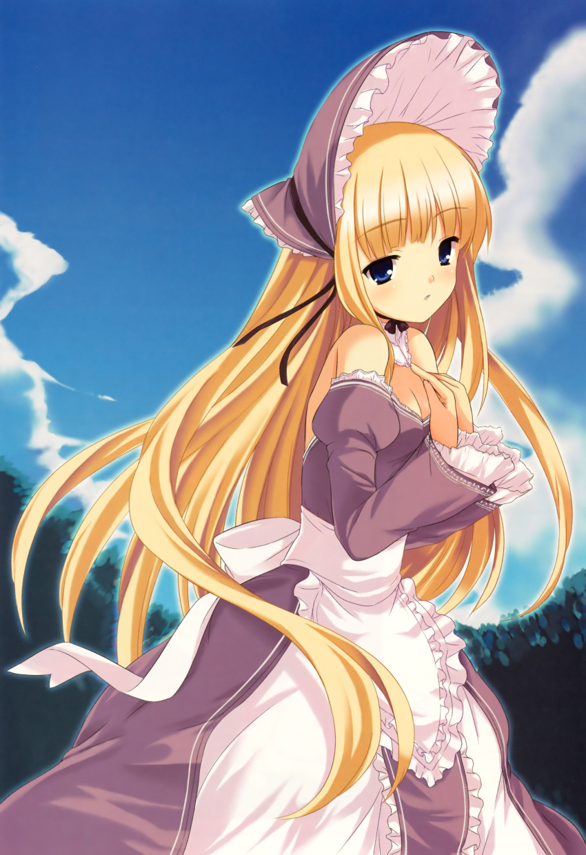 absurdres apron bare_shoulders blonde_hair blue_eyes bonnet cloud day detached_sleeves dress female hands_on_own_chest highres long_hair original photoshop_(medium) purple_dress scan sky solo souryuu_(double_dragon) very_long_hair waist_apron wide_sleeves