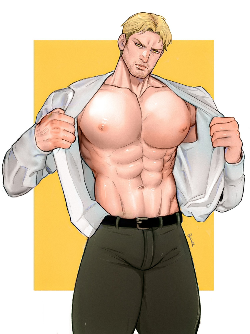 abs attack_on_titan blonde_hair bolloxxxz bulge male male_only muscles muscular muscular_male open_shirt pecs reiner_braun