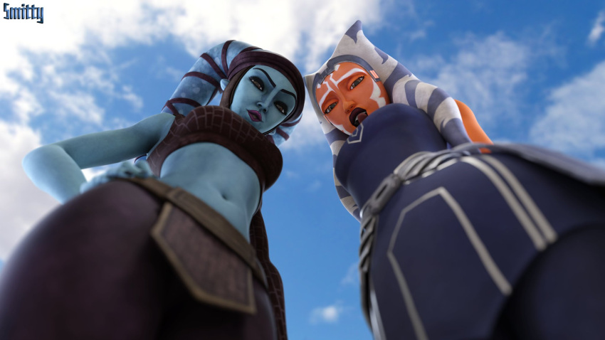 2girls 3d aayla_secura ahsoka_tano airress3d_(3d-modeller) alien alien_girl alien_humanoid arms_behind_back big_lips blue-skinned_female blue_body blue_clothing blue_skin breasts clone_wars clothed clothed_female clothing cloud crop_top day dress duo eyebrows eyelashes eyeliner facial_markings female female_focus female_only from_below fully_clothed half-closed_eyes hand_on_hip head_wraps headband headgear horn humanoid jedi jedi_master lipstick loincloth looking_at_viewer looking_down looking_down_at_viewer lower_body lucasfilm makeup markings midriff multiple_girls navel open_eyes orange-skinned_female orange_body orange_skin outside pants pose purple_lipstick shirt short_dress signature single_sleeve sky smitty34 star_wars tentacle_hair the_clone_wars:_season_seven togruta tongue tongue_out twi'lek upper_body white_markings wraps