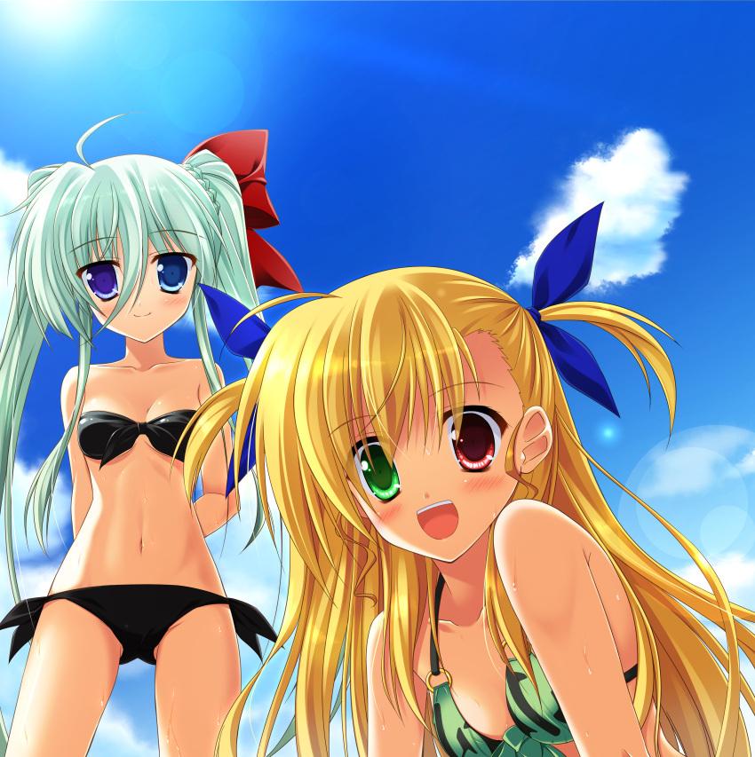 2girls :d absurdres ahoge arms_behind_back bare_shoulders bikini blonde_hair blue_eyes blush cloud commentary_request day einhard_stratos endori front-tie_top green_eyes green_hair hair_ribbon heterochromia highres long_hair lyrical_nanoha mahou_shoujo_lyrical_nanoha_vivid multiple_girls open_mouth photoshop_(medium) purple_eyes red_eyes ribbon short_twintails side-tie_bikini_bottom sky smile sun swimsuit twintails vivio