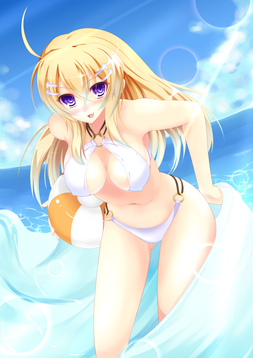 ahoge aqua_sarong bikini blonde_hair blush breasts cleavage cloud commentary_request cu-no day female hair_ornament hairclip hakurei_botan highres hisen_kaede innertube leaning_forward lens_flare long_hair medium_breasts navel o-ring o-ring_bikini o-ring_bottom o-ring_top ocean oerba_yun_fang official_art open_mouth purple_eyes sarong sky solo sparkle swim_ring swimsuit unworn_sarong water white_bikini