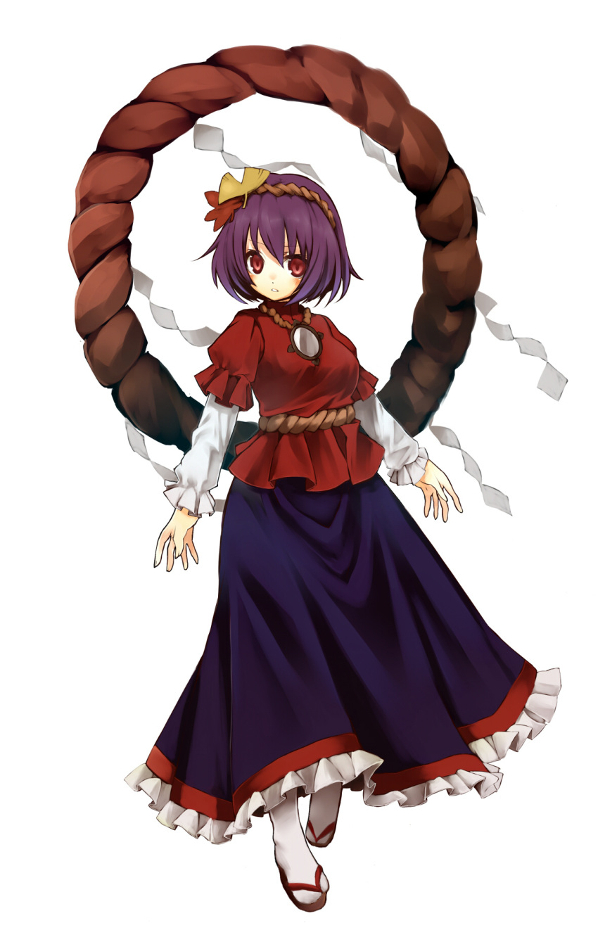 commentary_request female hair_ornament hands highres ju-zika long_skirt mirror pantyhose purple_hair red_eyes rope sandals shide shimenawa short_hair simple_background skirt solo standing tabi touhou white_pantyhose yasaka_kanako