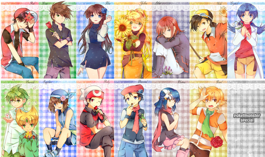 blonde_hair blue_(pokemon) blue_eyes blue_rose brown_hair carnation cosmos crystal_(pokemon) dandelion diamond_(pokemon) emerald_(pokemon) flower gold_(pokemon) green_hair hat hyacinth lily lily_of_the_valley marigold mitsuru_(pokemon) odamaki_sapphire ookido_green pearl_(pokemon) platinum_berlitz pokemon pokemon_special red_(pokemon) red_eyes red_hair rose ruby_(pokemon) scarf silver_(pokemon) sunflower tachiuo_(arines) tulip yellow_(pokemon)