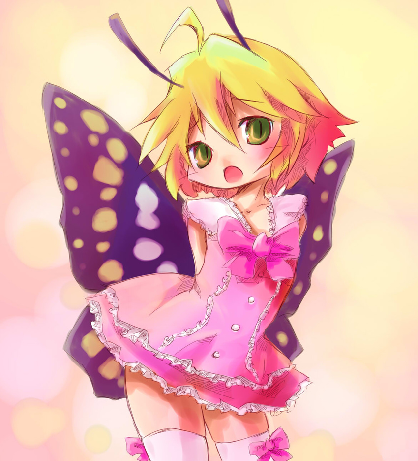 ahoge antennae bad_id bad_pixiv_id blonde_hair commentary_request dress fairy female green_eyes highres kolshica shimon_(shimotsuma) shimotsuma short_hair solo thighhighs wings zettai_ryouiki