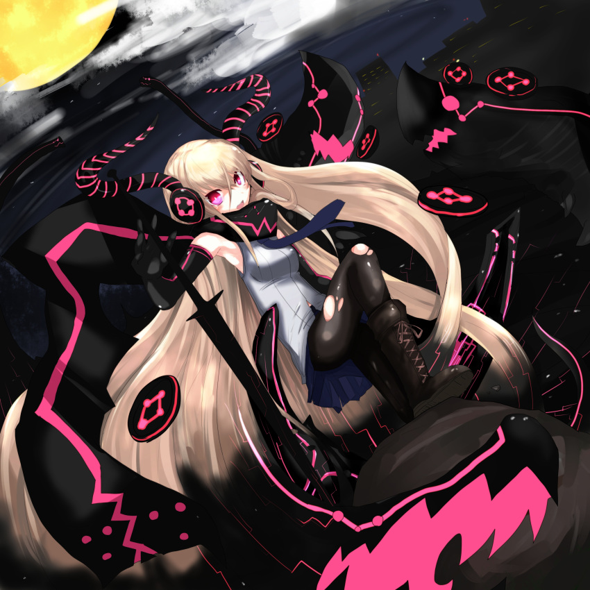 absurdres bad_id bad_pixiv_id black_pantyhose blonde_hair blush boots cloud elbow_gloves female gloves highres long_hair masaki_(lemegeton36133) moon necktie night night_sky open_mouth pantyhose pink_eyes pixiv_shadow pixiv_shadow_3 sky solo torn_clothes torn_pantyhose very_long_hair