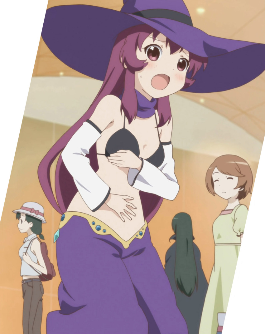 3girls anime_screenshot backpack bag bare_arms bare_shoulders belt bikini bikini_top_only black_bikini bow closed_eyes cosplay detached_sleeves dress facing_another facing_viewer green_dress hat hat_bow hat_ribbon highres long_hair multiple_girls open_mouth pants photoshop_(medium) profile purple_eyes purple_hair purple_hat purple_skirt ribbon rivalun rivalun_(cosplay) sequins short_hair short_sleeves skirt sleeveless sugiura_ayano swimsuit white_hat witch_hat yuru_yuri