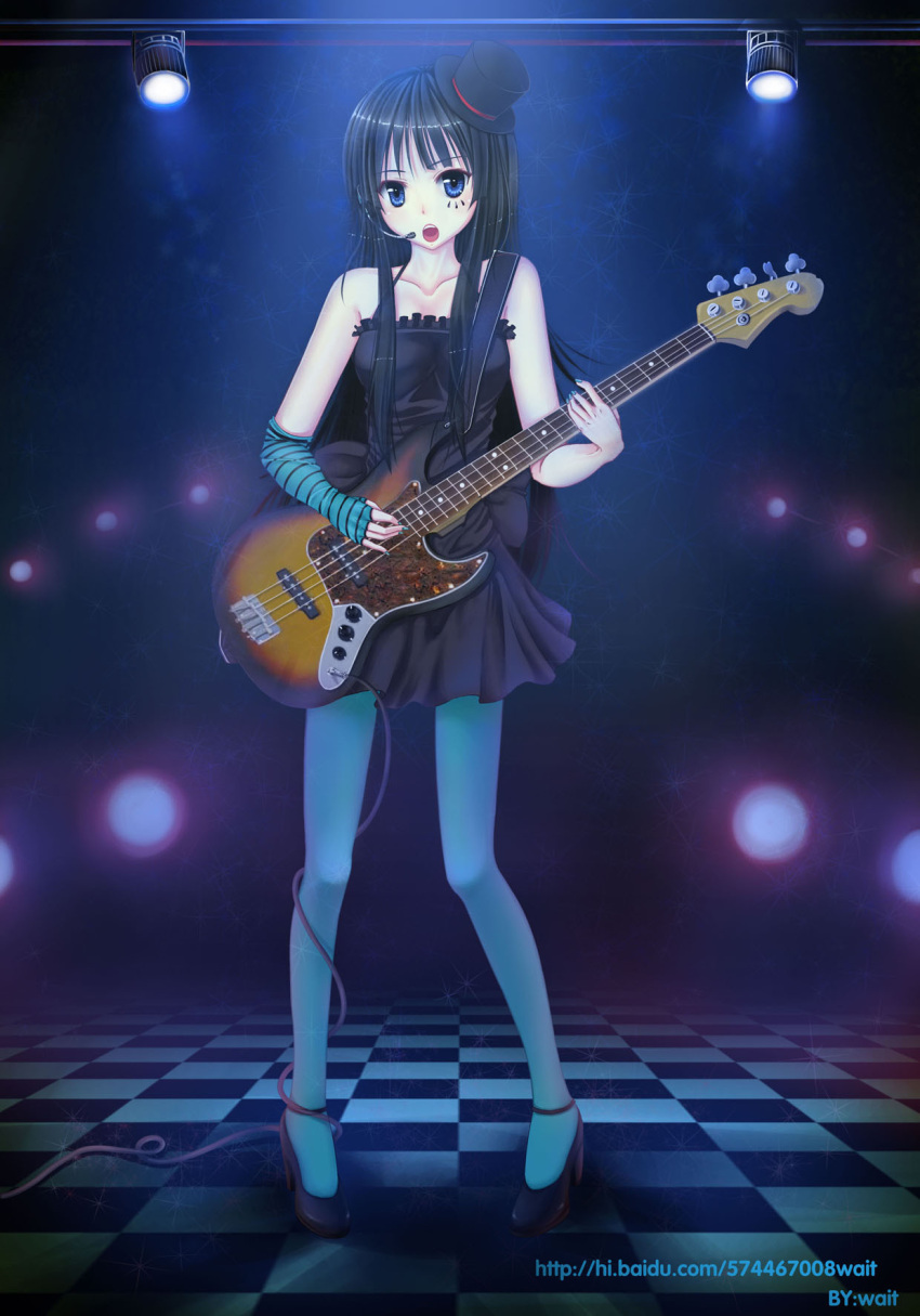 akiyama_mio aqua_pantyhose bad_id bad_pixiv_id bass_guitar checkered_floor don't_say_"lazy" dress female hat headset high_heels highres instrument k-on! legs long_hair mini_hat mini_top_hat nail_polish open_mouth pantyhose photoshop_(medium) shoes solo spotlight striped top_hat wait