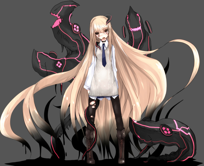 absurdres bad_id bad_pixiv_id black_hair black_pantyhose blonde_hair blush boots brown_eyes female highres long_hair masaki_(lemegeton36133) multicolored_hair necktie open_mouth pantyhose pixiv_shadow pixiv_shadow_3 simple_background solo standing torn_clothes torn_pantyhose very_long_hair