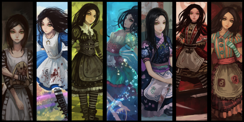 alice:_madness_returns alice_liddell_(american_mcgee's_alice) american_mcgee's_alice apron boots brown_hair ceres_symbol commentary_request dress female gjred green_eyes highres jewelry lips long_hair necklace photoshop_(medium) uranus_symbol venus_symbol