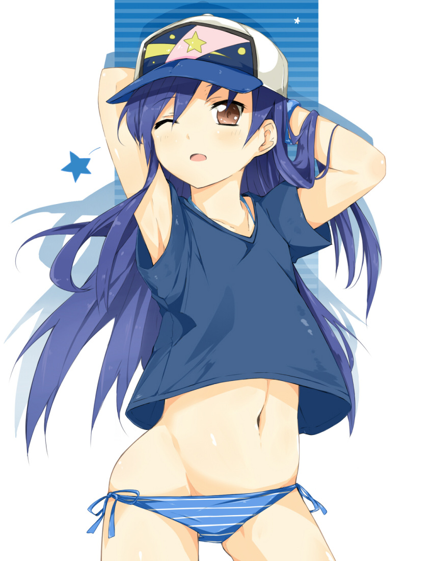 armpits arms_behind_head blue_hair bracelet brown_eyes commentary_request female hat highres idolmaster idolmaster_(classic) jewelry kisaragi_chihaya kitsune_(scaz) long_hair navel no_pants one_eye_closed open_mouth panties panty_pull shirt side-tie_panties solo striped_clothes striped_panties underwear